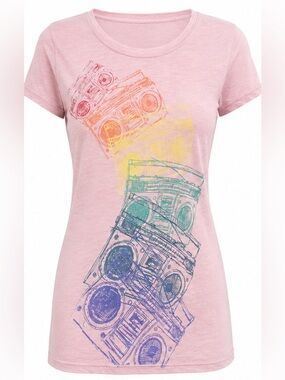 FRZ Y2K T Shirt Medium Rainbow Radio Graphic Fitted Cap Sleeve Cotton kidcore